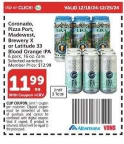 Coronado, Pizza Port, Madewest, Brewery X or Latitude 33 Blood Orange IPA - 6 pack, 16 oz. cans Selected varieties Member Price: $12.99