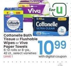 Cottonelle Bath Tissue or Flushable Wipes or Viva Paper Towels - 6-12 rolls or 8 - pk., 42 ct., select varieties