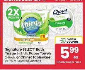 Signature SELECT® Bath Tissue 6-12 rolls, Paper Towels 2-6 rolls or Chinet Tableware 24-60 ct. - Selected varieties.