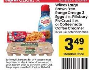 Wilcox Large Brown Free Range Omega 3 Eggs 12 ct., Pillsbury Pie Crust 14 oz. or Coffee mate Coffee Creamer 32 oz. - Selected varieties.