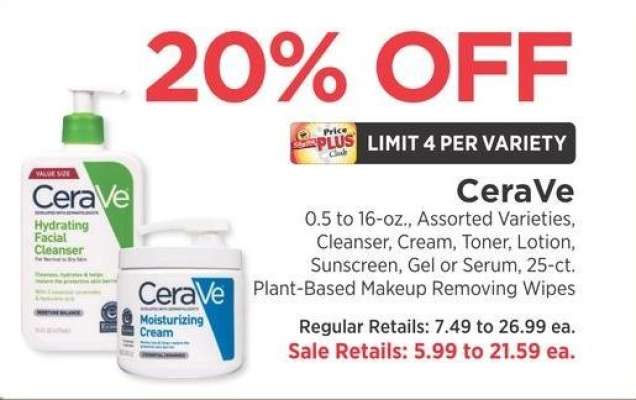 CeraVe 0.5 to 16-oz., Assorted Varieties, Cleanser, Cream, Toner, Lotion, Sunscreen, Gel or Serum, 25-ct. Plant-Based Makeup Removing Wipes