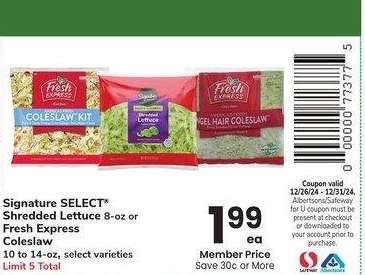 Signature SELECT® Shredded Lettuce 8-oz or Fresh Express Coleslaw 10 to 14-oz - select varieties