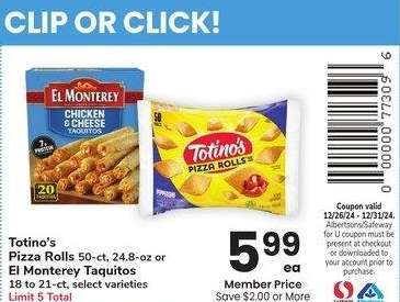 Totino's Pizza Rolls 50-ct, 24.8-oz or El Monterey Taquitos 18 to 21-ct - select varieties