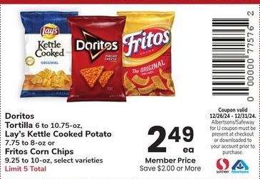 Doritos Tortilla 6 to 10.75-oz, Lay's Kettle Cooked Potato 7.75 to 8-oz or Fritos Corn Chips 9.25 to 10-oz - select varieties