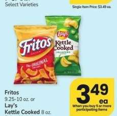 Fritos 9.25-10 oz. or Lay's Kettle Cooked 8 oz. - Select Varieties
Single Item Price: Up to $5.89 ea. Mix or match on 5 participating items in a single transaction.