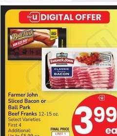 Farmer John Sliced Bacon or Ball Park Beef Franks - 12-15 oz. Select Varieties