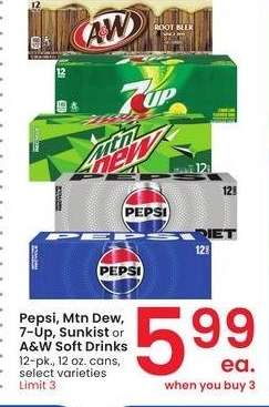 Pepsi, Mtn Dew, 7-Up, Sunkist or A & W Soft Drinks - 12 - pk., 12 oz. cans, select varieties