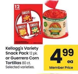 Kellogg's Variety Snack Pack 12 pk. or Guerrero Corn Tortillas 80 ct. - Selected varieties.