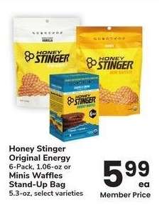 Honey Stinger Original Energy 6-Pack, 1.06-oz or Minis Waffes Stand-Up Bag 5.3-oz - select varieties