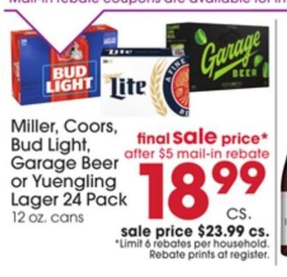 Miller, Coors, Bud Light, Garage Beer or Yuengling Lager 24 Pack