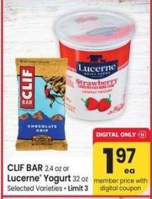 CLIF BAR 2.4 oz or Lucerne Yogurt 32 oz