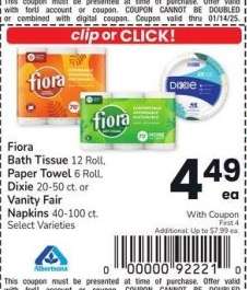 Fiora Bath Tissue 12 Roll, Paper Towel 6 Roll, Dixie 20-50 ct. or Vanity Fair Napkins 40-100 ct. - Select Varieties