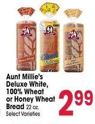 Aunt Millie's Deluxe White, 100% Wheat or Honey Wheat Bread