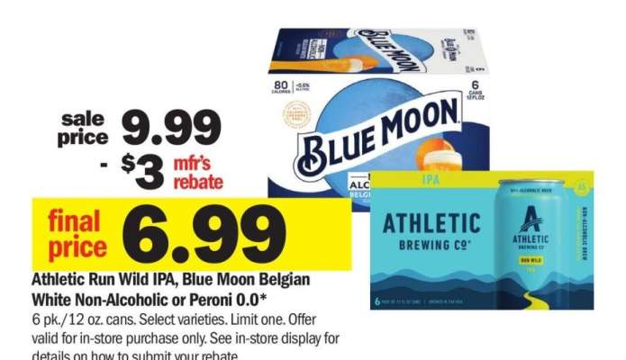 Athletic Run Wild IPA, Blue Moon Belgian White Non-Alcoholic or Peroni 0.0* - 6 pk./12 oz. cans. Select varieties.

Not all advertised alcoholic beverages available in all stores. All wine 750ml unless otherwise noted. Please consume alcoholic beverages in moderation. Plus deposit where applicable.