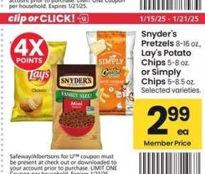 Snyder's Pretzels 8-16 oz., Lay's Potato Chips 5-8 oz. or Simply Chips 5-8.5 oz. - Selected varieties.