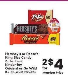 Hershey's or Reese's King Size Candy 2.3 to 3.5-oz, Kinder Joy Original or Go Wild 0.7-oz - select varieties